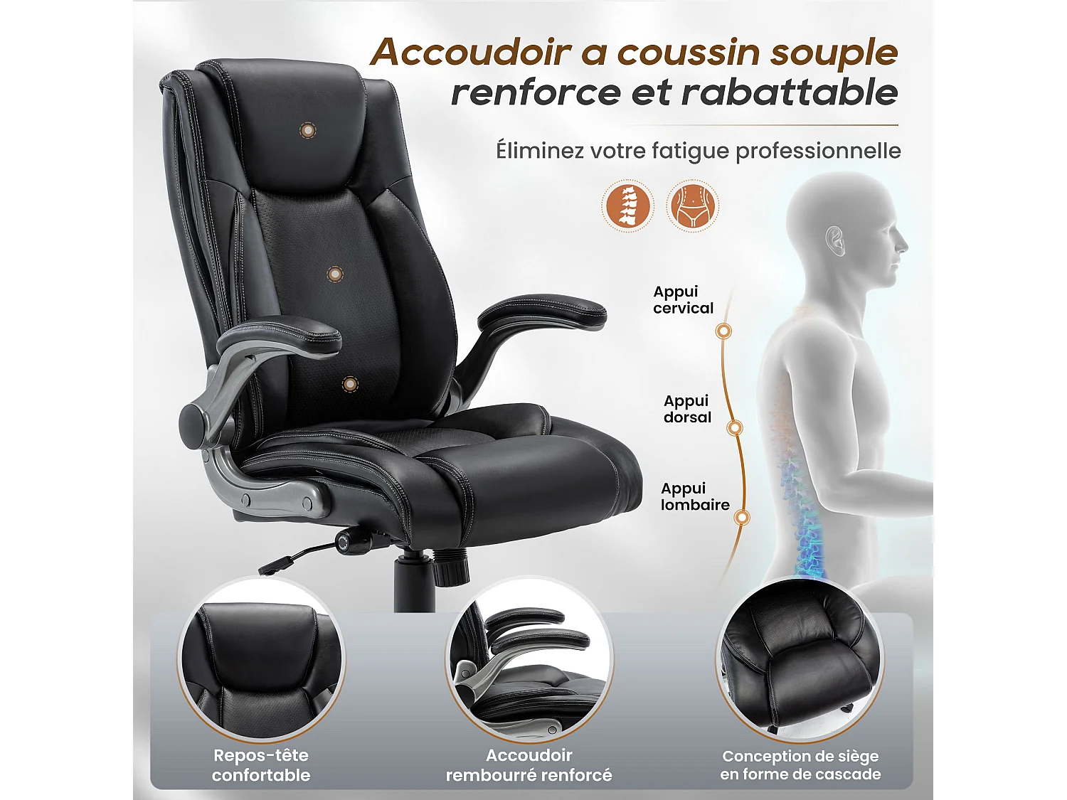 Chaise de bureau - chaise de bureau ergonomique - Fauteuil de direction pivotant, capacité de charge de 150 kg - Noir