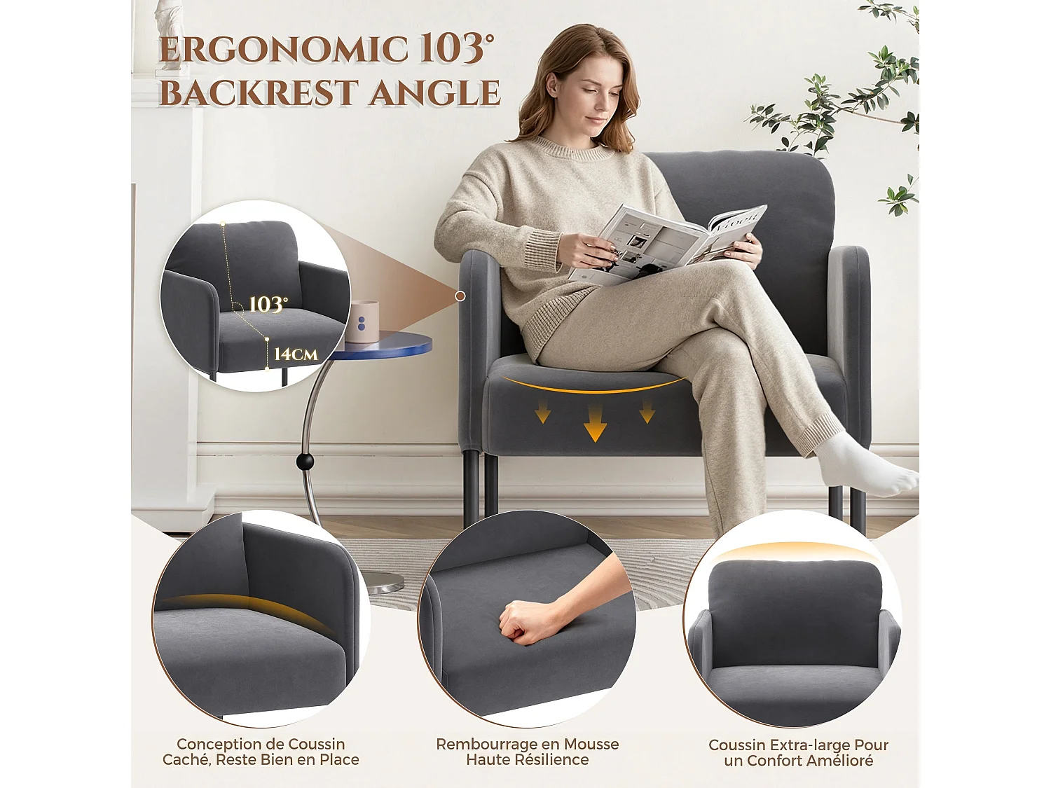 Fauteuil de salon haut dossier rembourré en velours gris, pieds en métal, coussin extra large