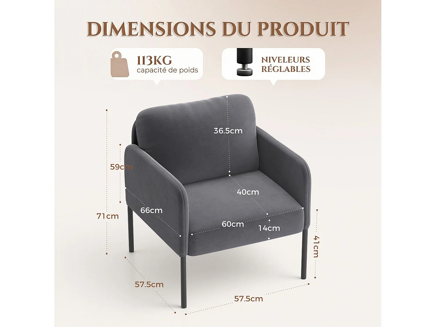 Fauteuil de salon haut dossier rembourré en velours gris, pieds en métal, coussin extra large