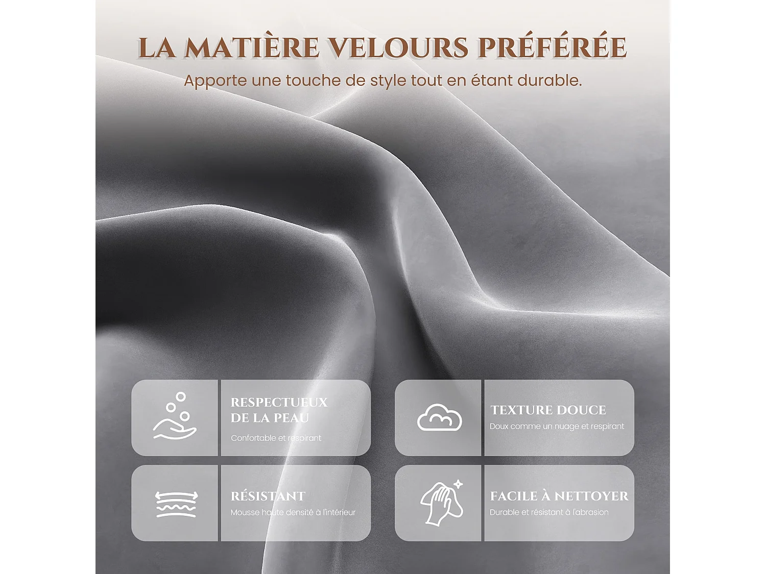 Fauteuil de salon haut dossier rembourré en velours gris, pieds en métal, coussin extra large