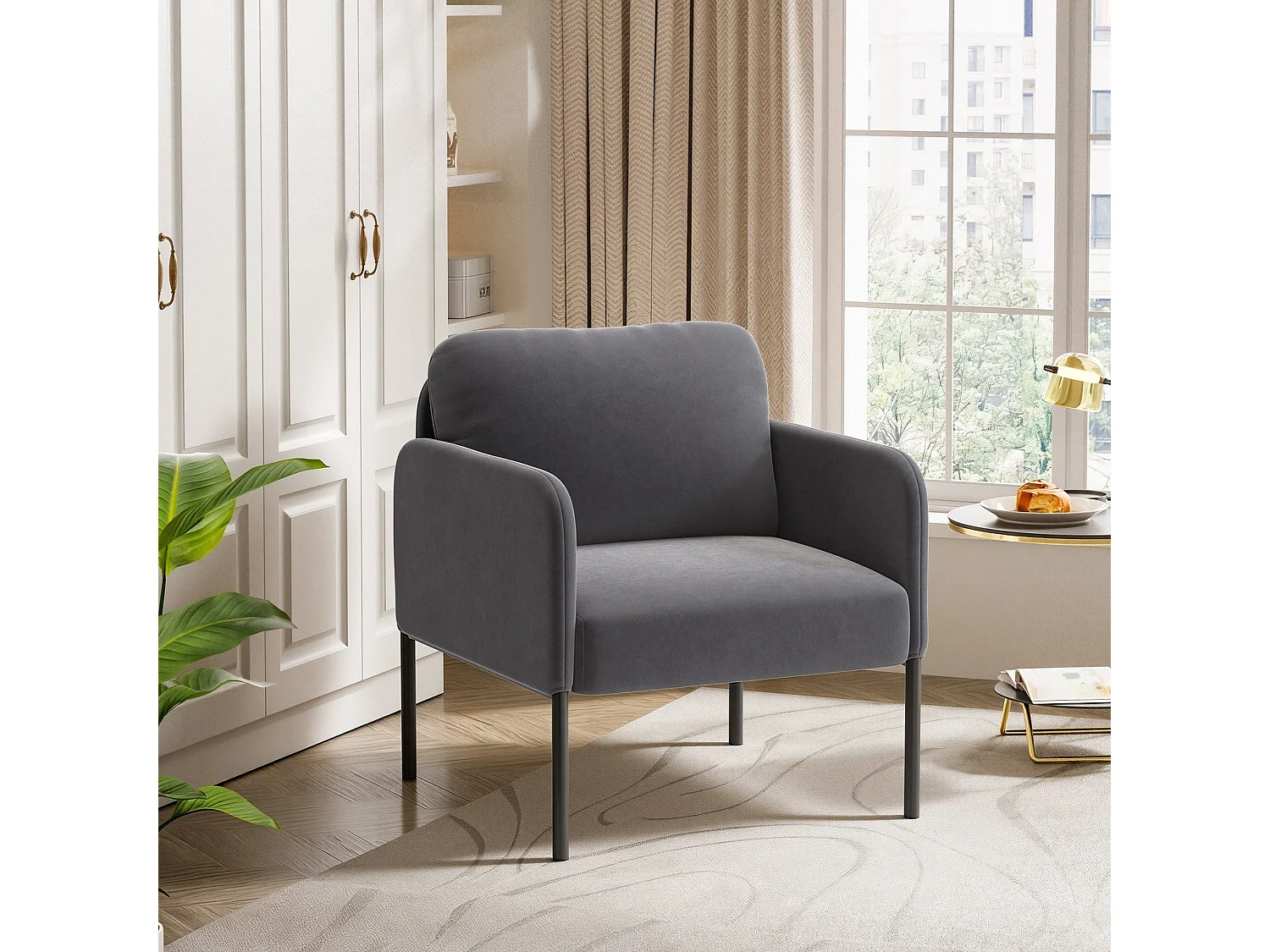 Fauteuil de salon haut dossier rembourré en velours gris, pieds en métal, coussin extra large