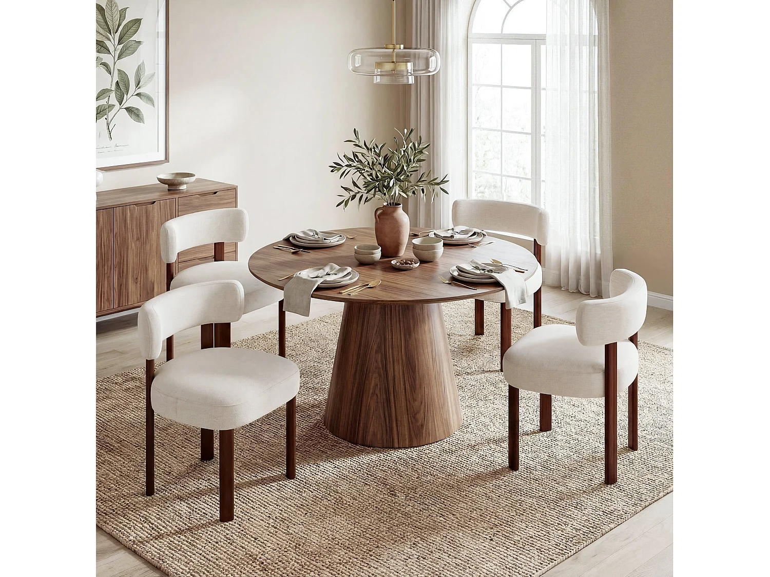 Lot de 2 chaises de salle à manger en bois massif beige SMARTUE, tissu bouclé, dossier incurvé