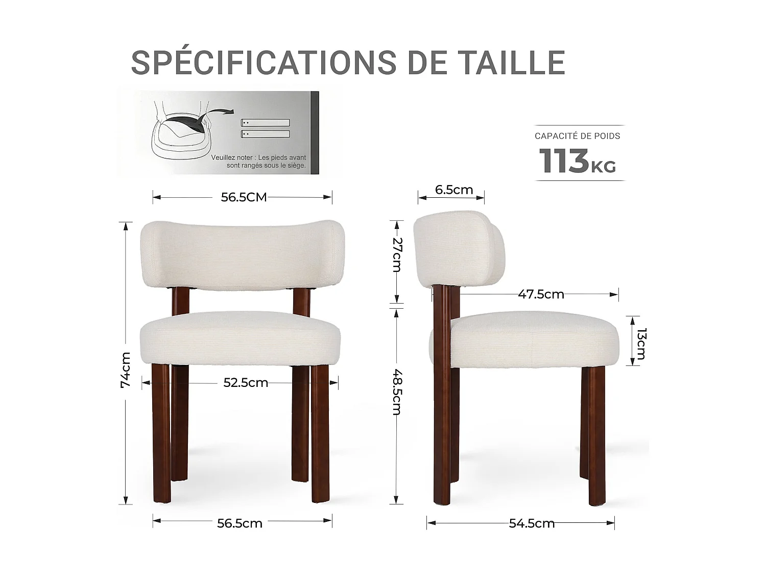 Lot de 2 chaises de salle à manger en bois massif beige SMARTUE, tissu bouclé, dossier incurvé