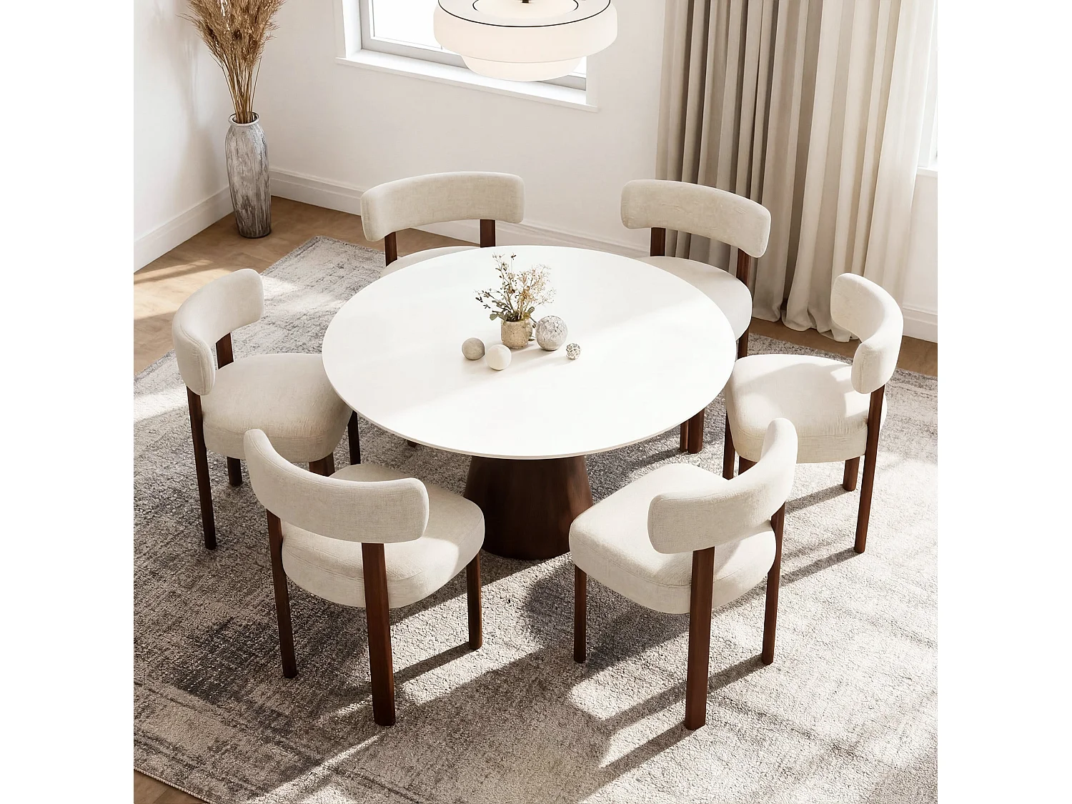 Lot de 2 chaises de salle à manger en bois massif beige SMARTUE, tissu bouclé, dossier incurvé