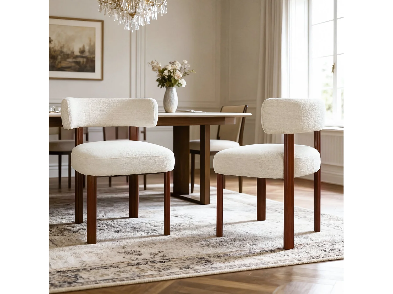 Lot de 2 chaises de salle à manger en bois massif beige SMARTUE, tissu bouclé, dossier incurvé