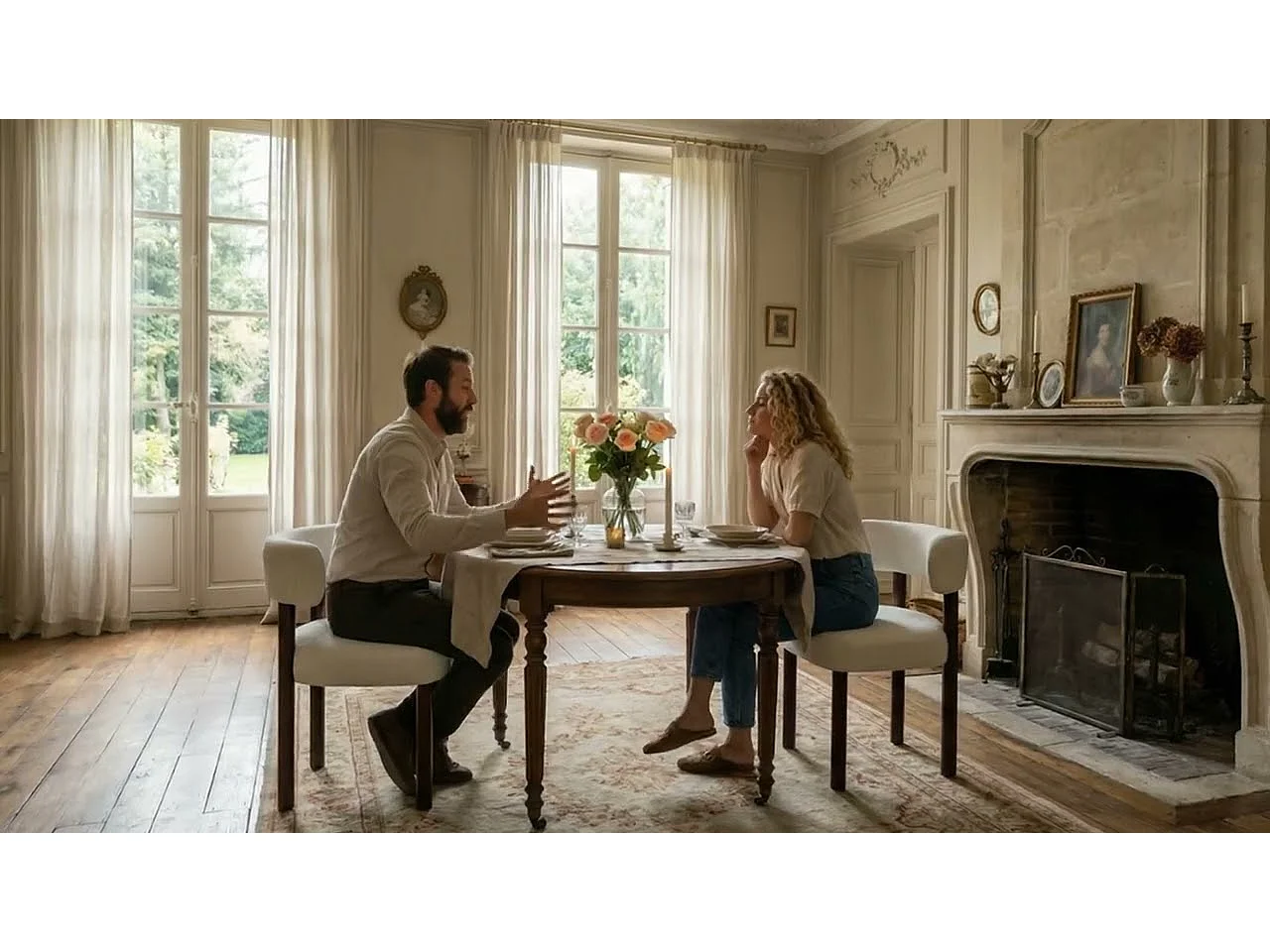 Lot de 2 chaises de salle à manger en bois massif beige SMARTUE, tissu bouclé, dossier incurvé