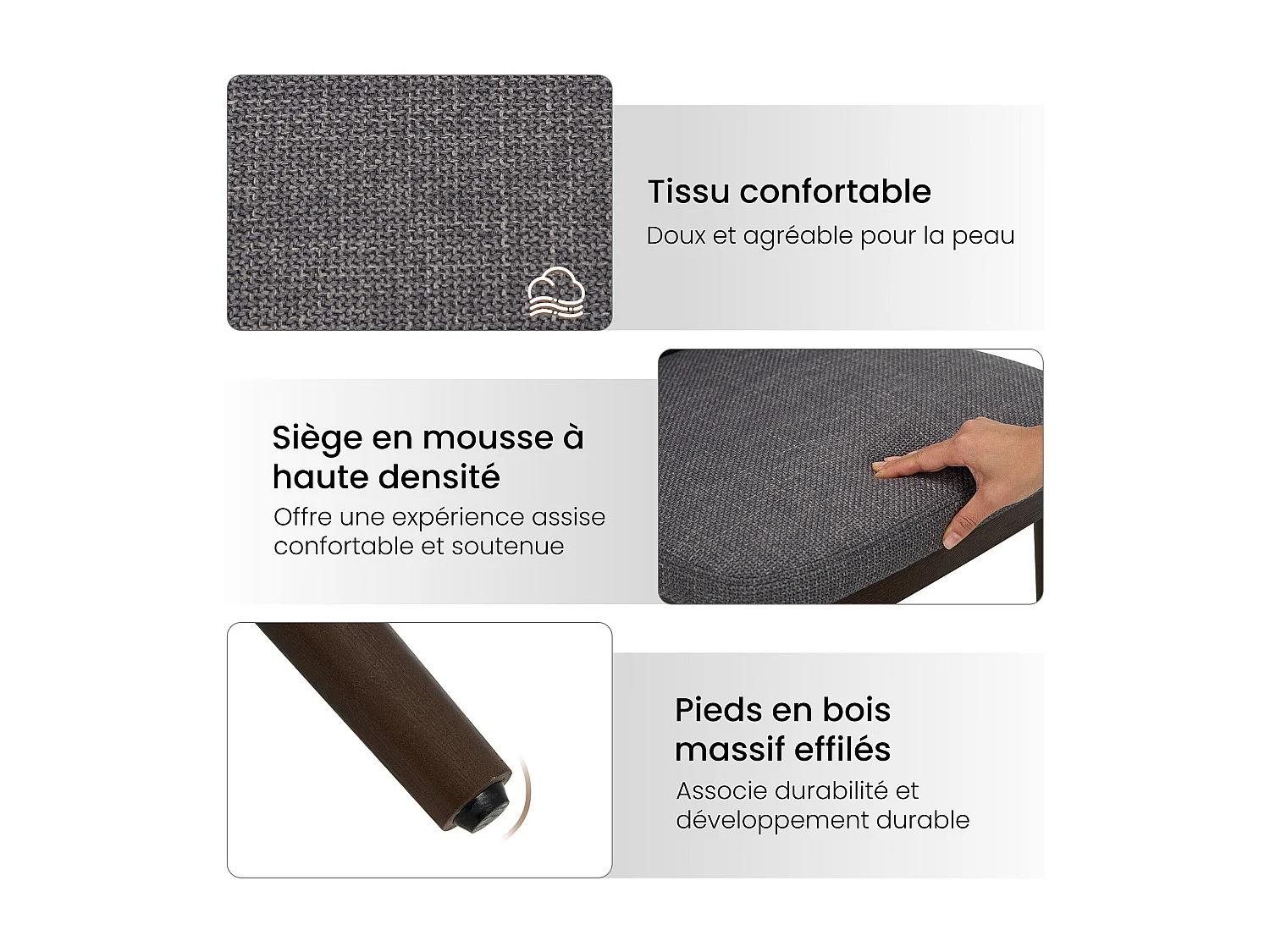 Lot de 2 Chaises de Salle à Manger – Chaises Design Confortables en Tissu avec Pieds en Bois Massif, Gris