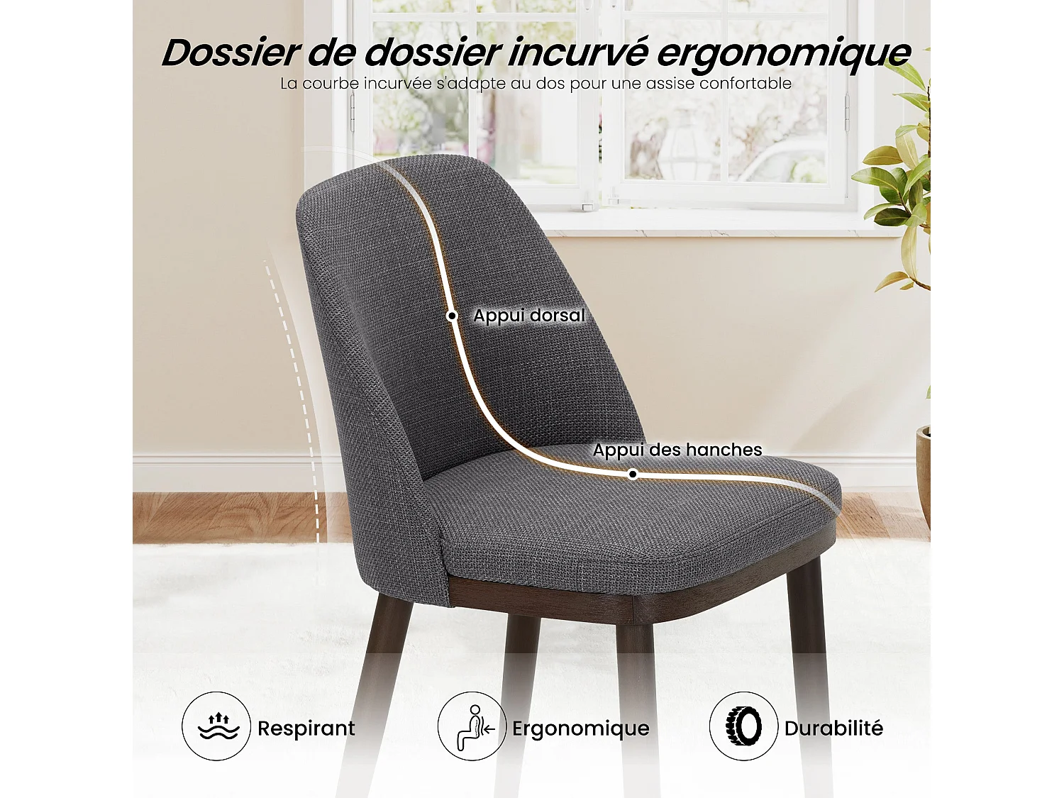 Set of 2 Grey Dining Chairs, Comfortable Fabric Upholstery, Solid Wood Legs
