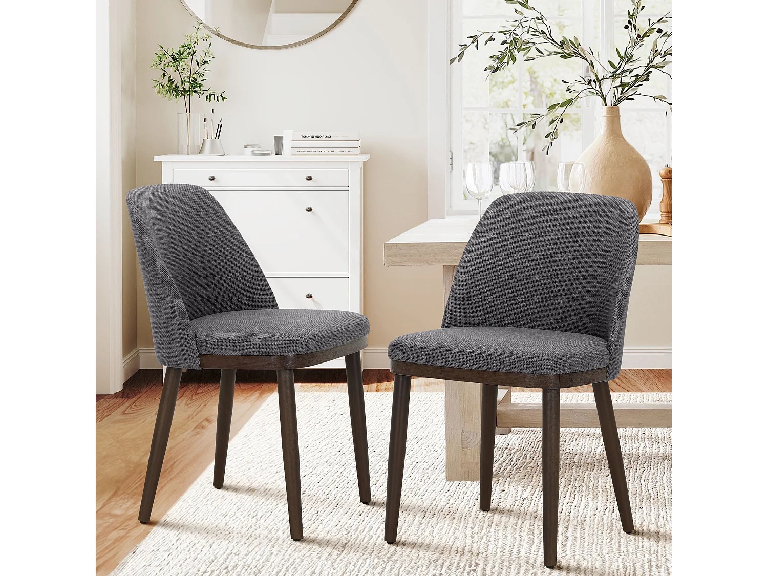 Set of 2 Grey Dining Chairs, Comfortable Fabric Upholstery, Solid Wood Legs