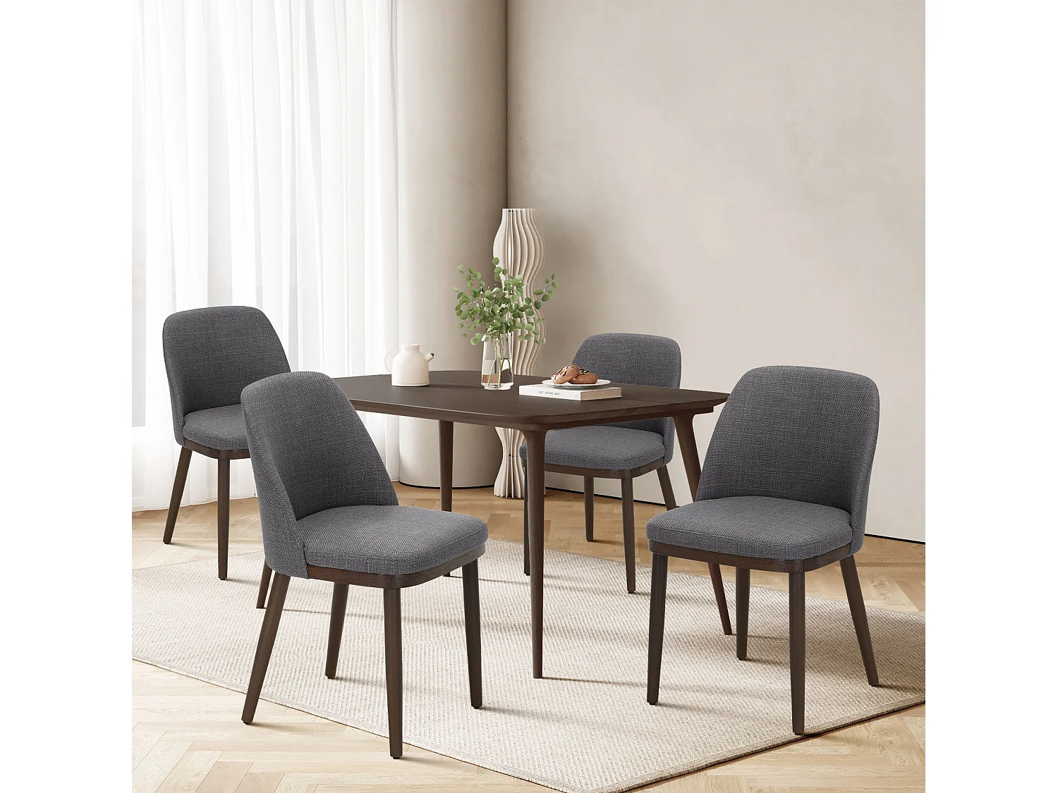 Set of 2 Grey Dining Chairs, Comfortable Fabric Upholstery, Solid Wood Legs