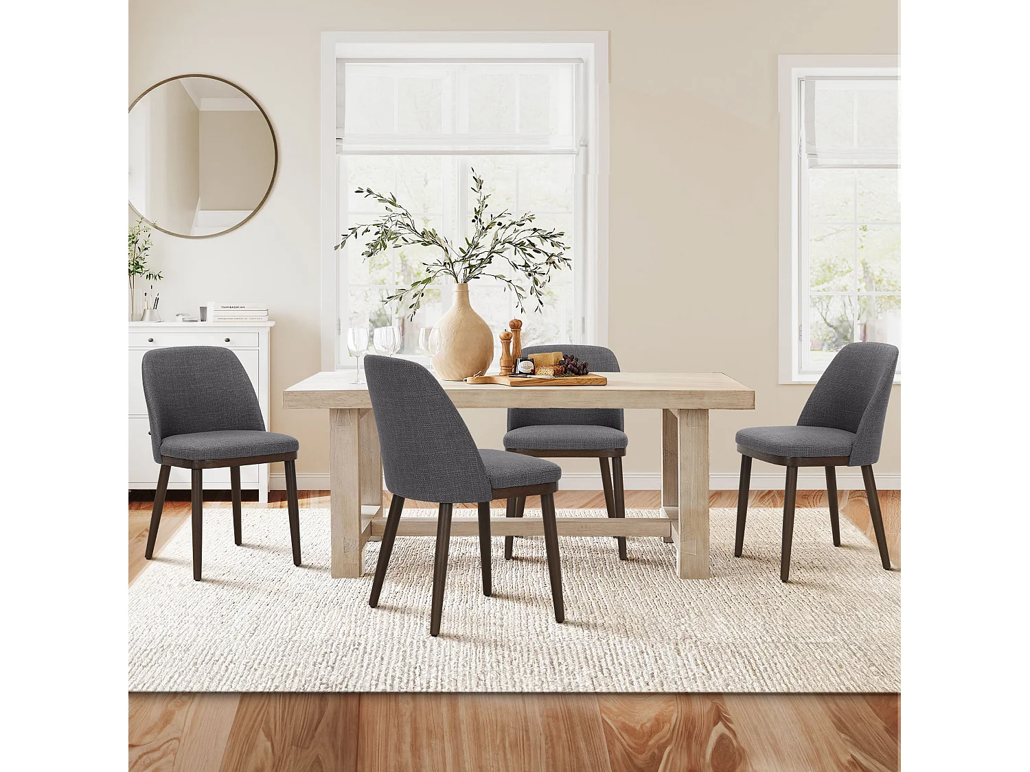 Set of 2 Grey Dining Chairs, Comfortable Fabric Upholstery, Solid Wood Legs