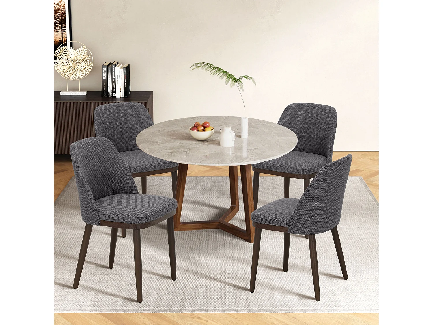 Set of 2 Grey Dining Chairs, Comfortable Fabric Upholstery, Solid Wood Legs
