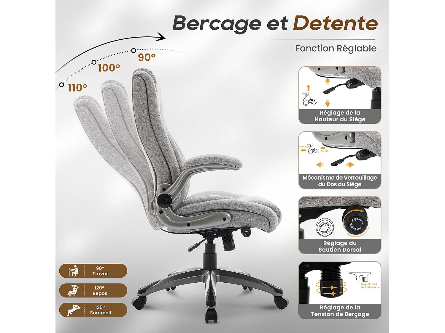 Chaise de bureau - chaise de bureau ergonomique - Fauteuil de direction pivotant, capacité de charge de 150 kg - Gris