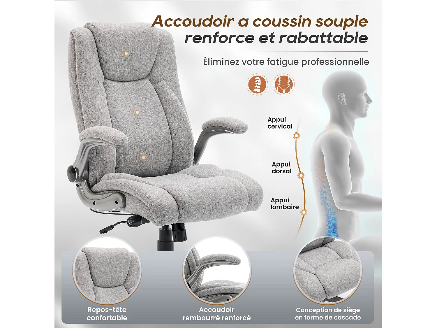 Chaise de bureau - chaise de bureau ergonomique - Fauteuil de direction pivotant, capacité de charge de 150 kg - Gris