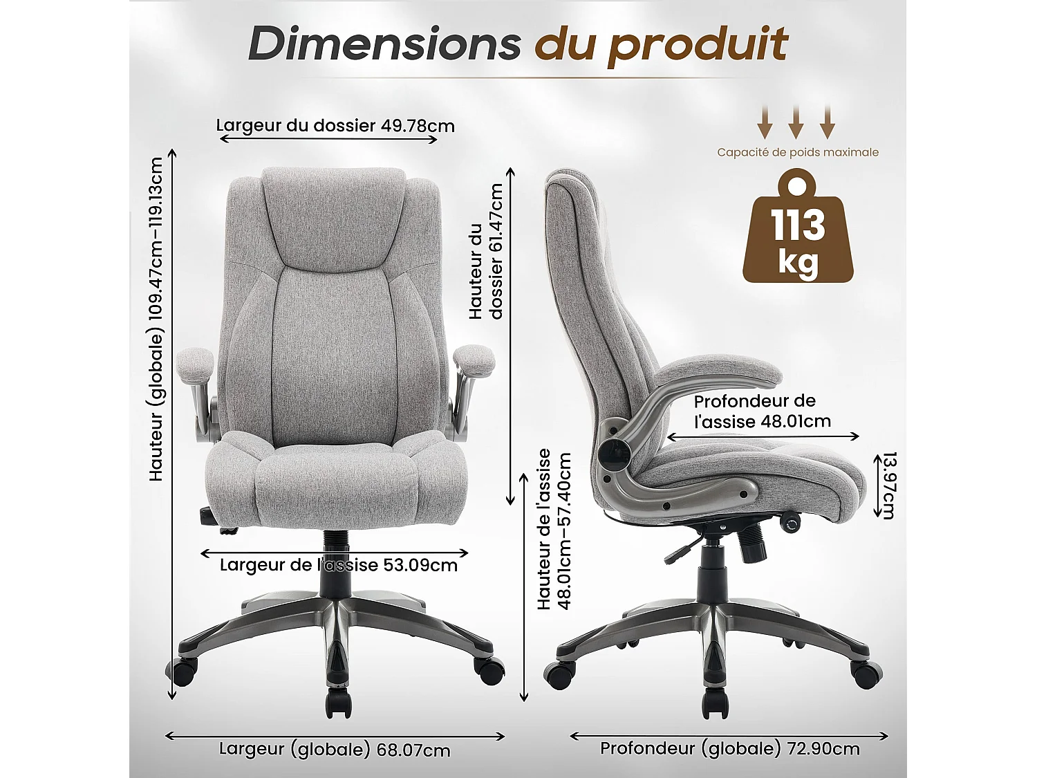 Chaise de bureau - chaise de bureau ergonomique - Fauteuil de direction pivotant, capacité de charge de 150 kg - Gris