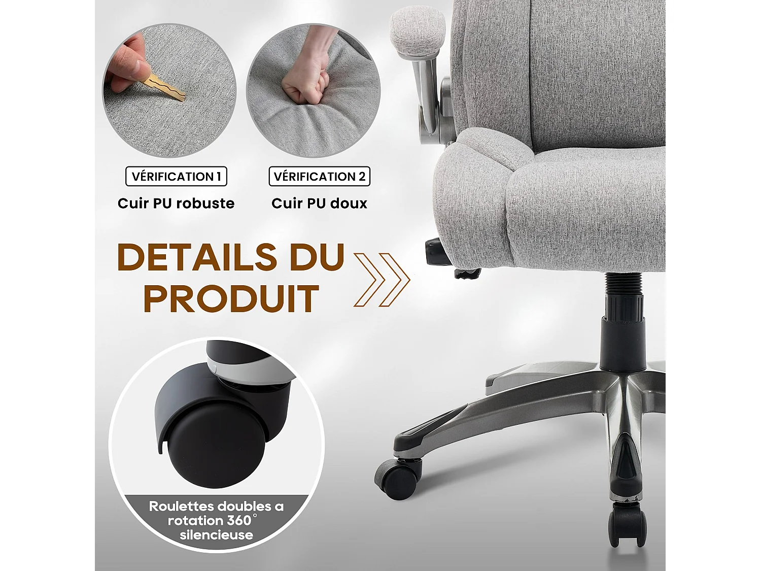 Chaise de bureau - chaise de bureau ergonomique - Fauteuil de direction pivotant, capacité de charge de 150 kg - Gris