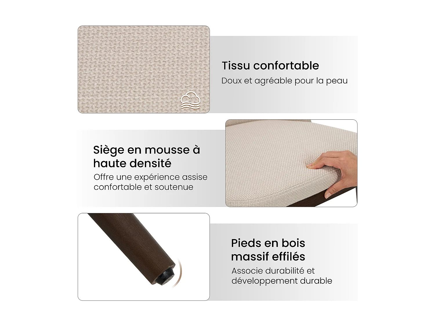 Lot de 2 Chaises de Salle à Manger – Chaises Design Confortables en Tissu avec Pieds en Bois Massif, Idéales pour Salon, Cuisine ou Salle à Manger - Beige