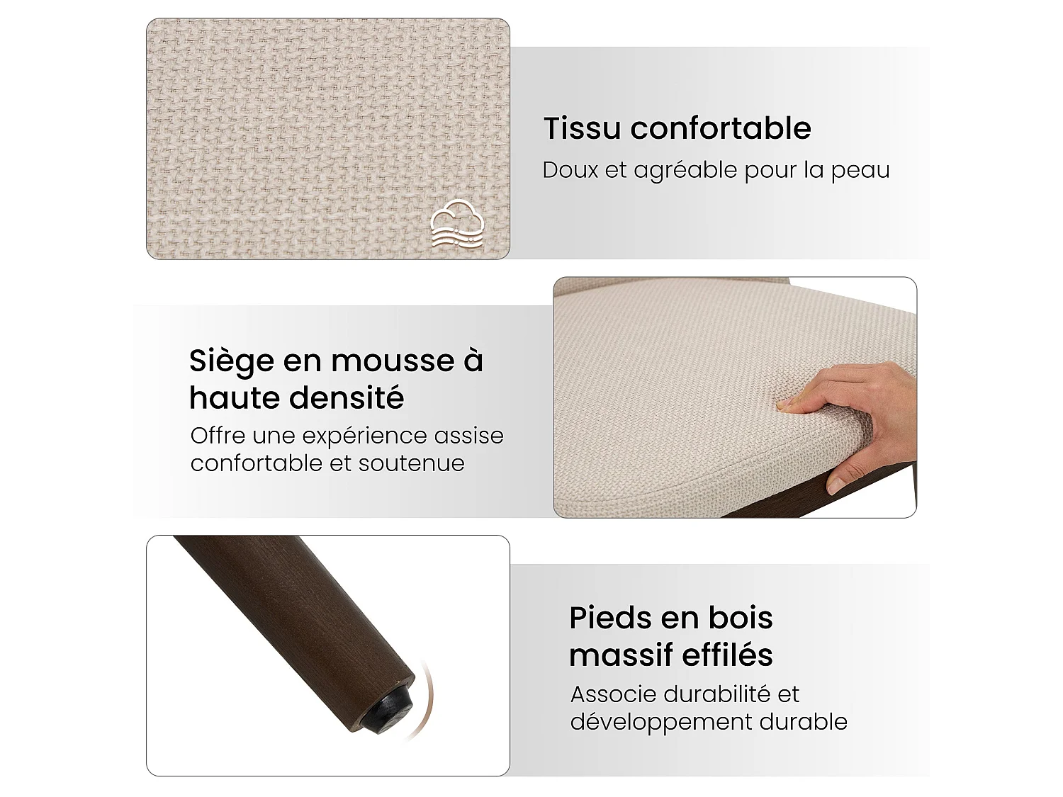 Lot de 2 Chaises de Salle à Manger – Chaises Design Confortables en Tissu avec Pieds en Bois Massif, Beige