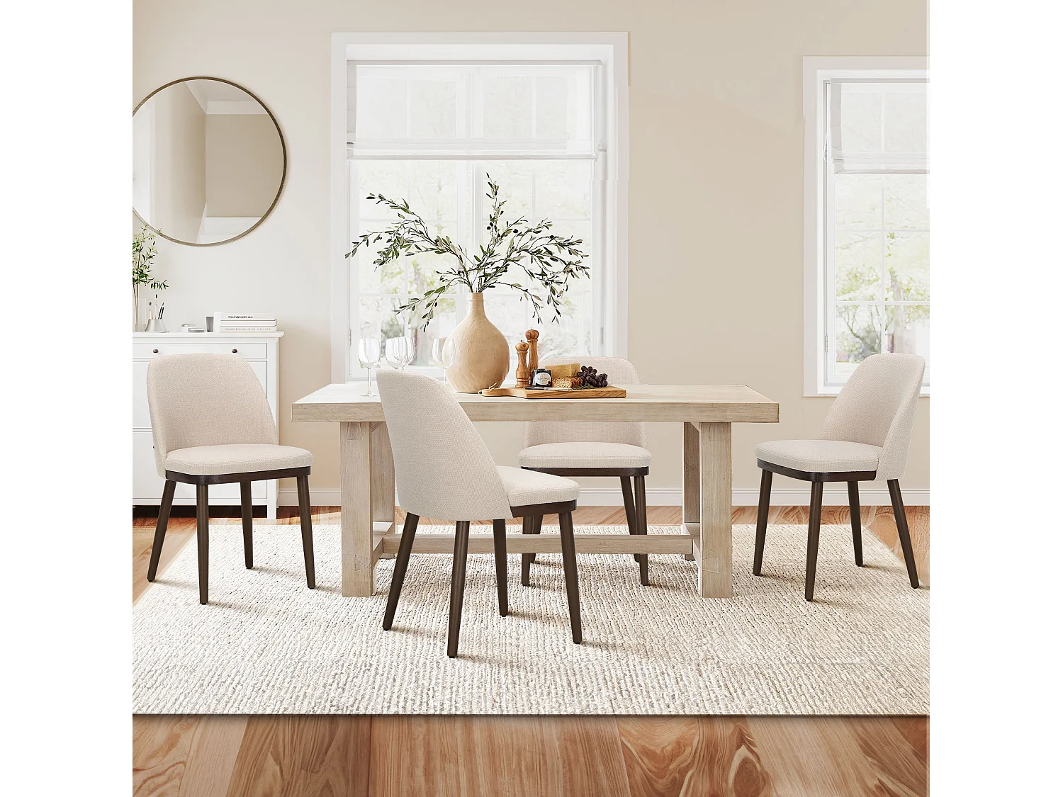 Lot de 2 Chaises de Salle à Manger – Chaises Design Confortables en Tissu avec Pieds en Bois Massif, Beige