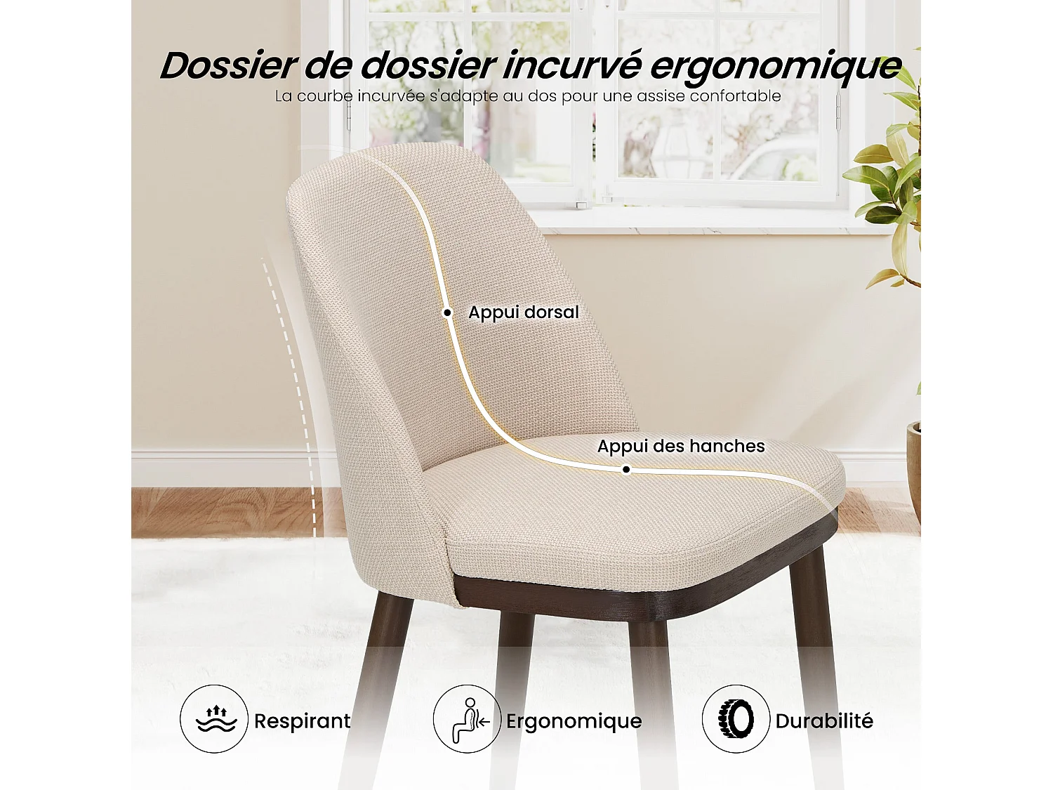 Lot de 2 Chaises de Salle à Manger – Chaises Design Confortables en Tissu avec Pieds en Bois Massif, Beige