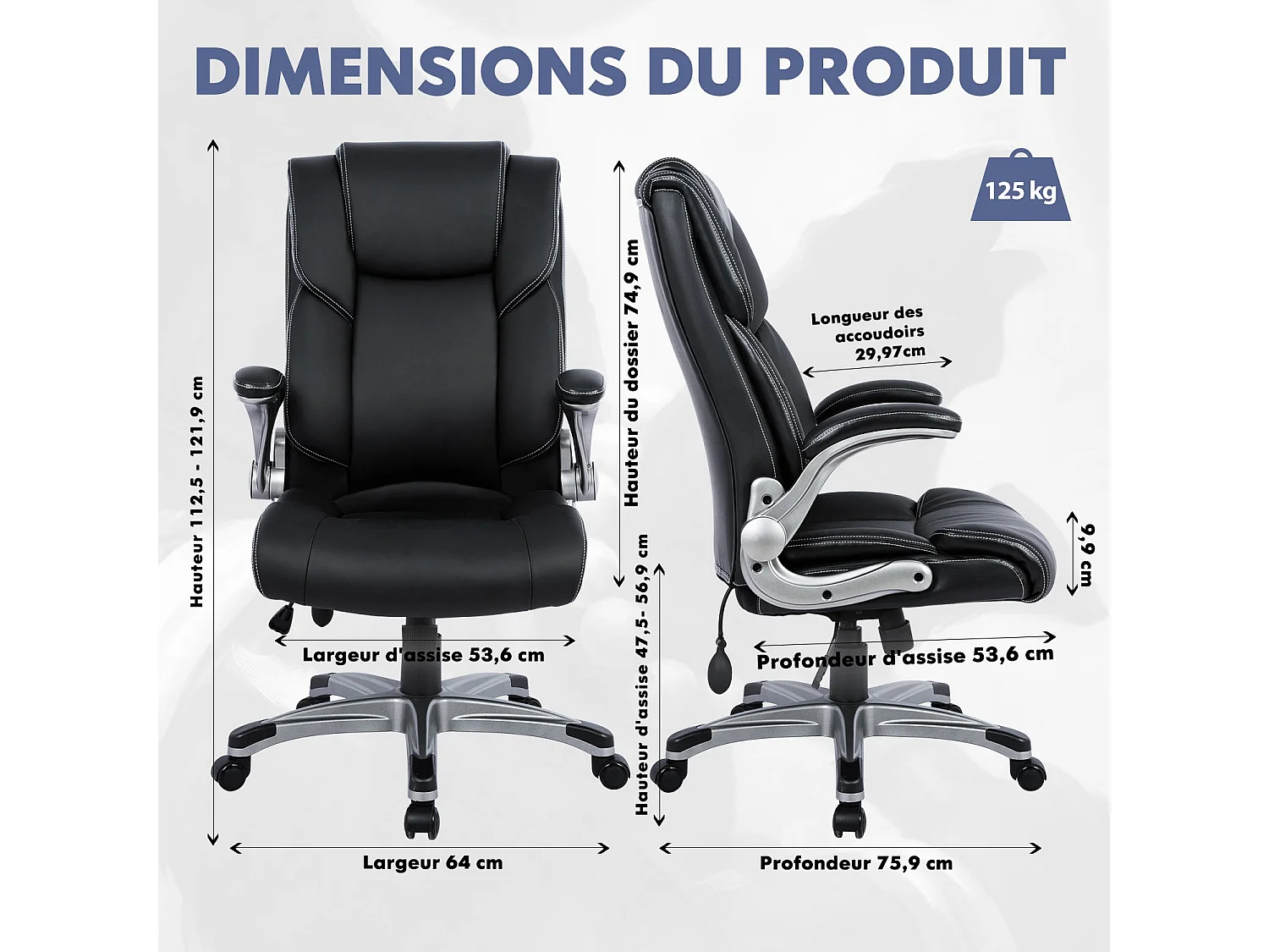 Chaise de bureau - Chaise de Bureau ergonomique en similicuir,Dossier Inclinable, Accoudoirs et Hauteur Réglables - Noir