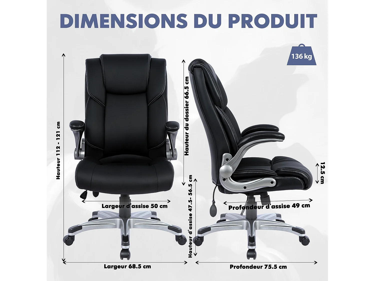 Chaise de Bureau ergonomique en similicuir, Dossier Inclinable, Accoudoirs et Hauteur Réglables - Noir