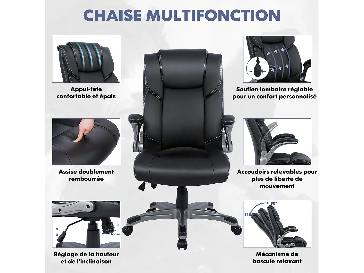 Chaise de Bureau ergonomique en similicuir, Dossier Inclinable, Accoudoirs et Hauteur Réglables - Noir