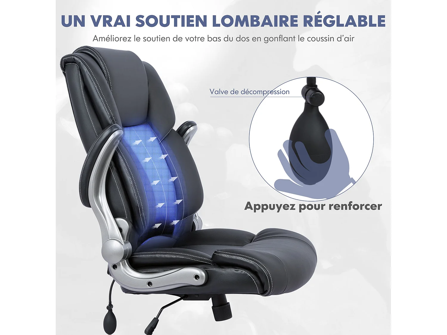 Chaise de bureau ergonomique en similicuir, dossier Inclinable, accoudoirs et hauteur réglables, charge maximale 136 kg - noir