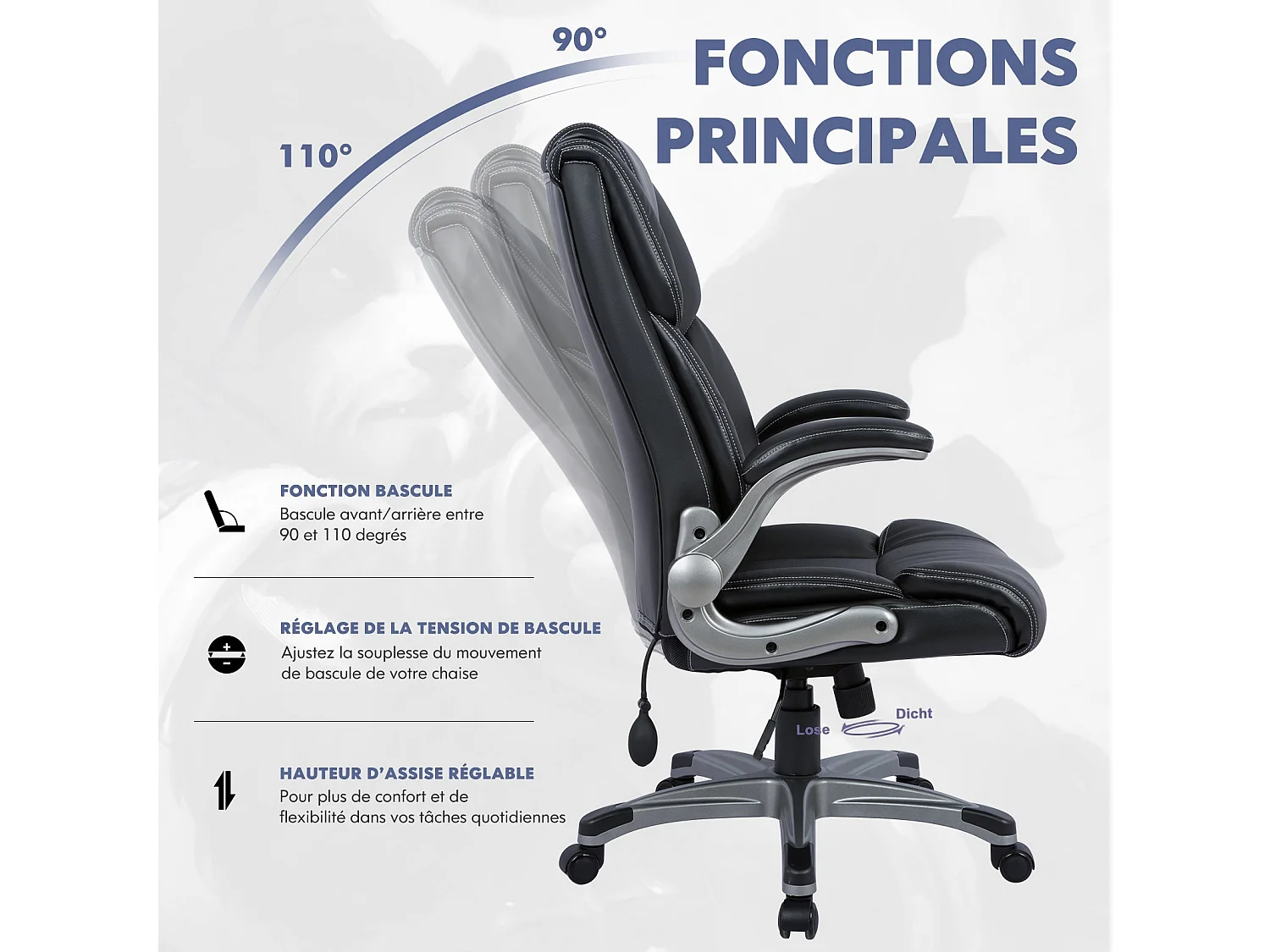 Chaise de bureau ergonomique en similicuir, dossier Inclinable, accoudoirs et hauteur réglables, charge maximale 136 kg - noir