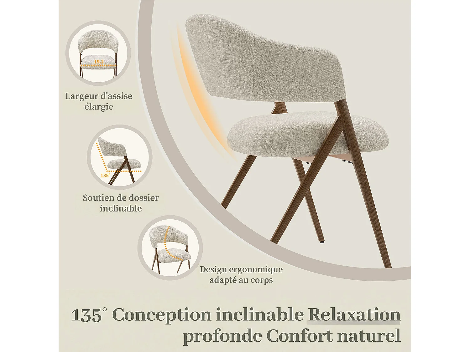 Lot de 2 Chaises de Salle à Manger – Design Ergonomique et Confortable, Style Vintage, Tissu Beige