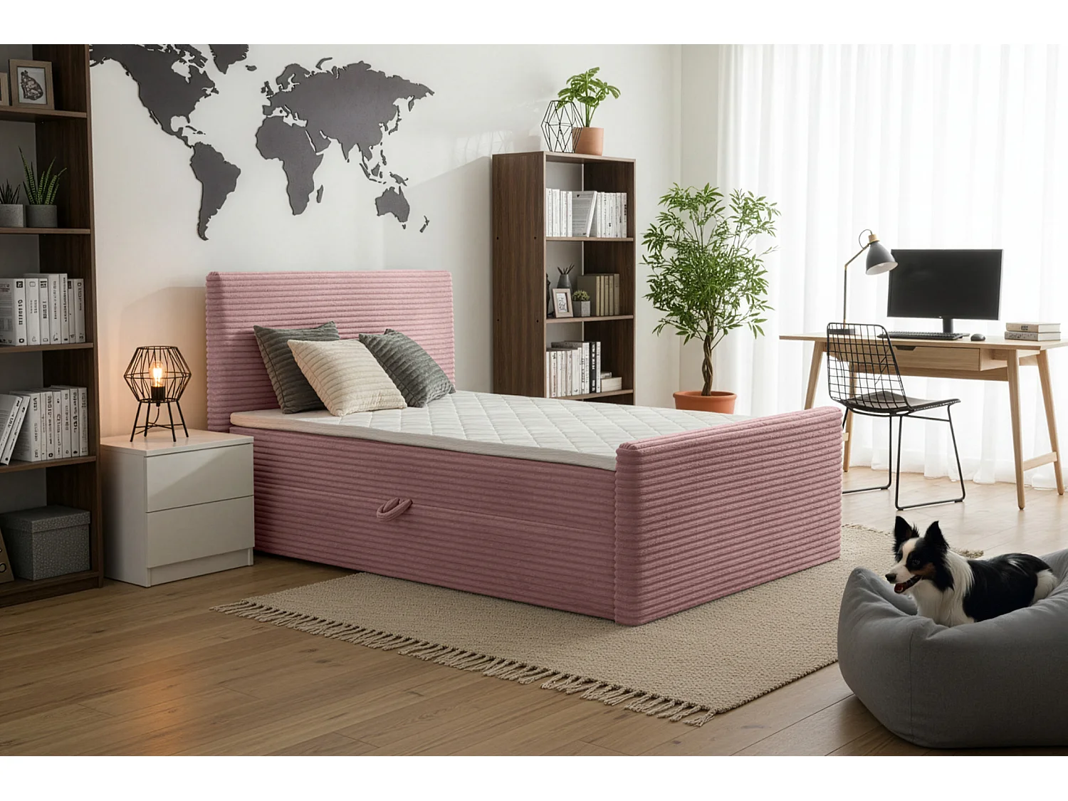 Lit continental Trento 160 avec coffre de rangement, tissu Velo rose (94)