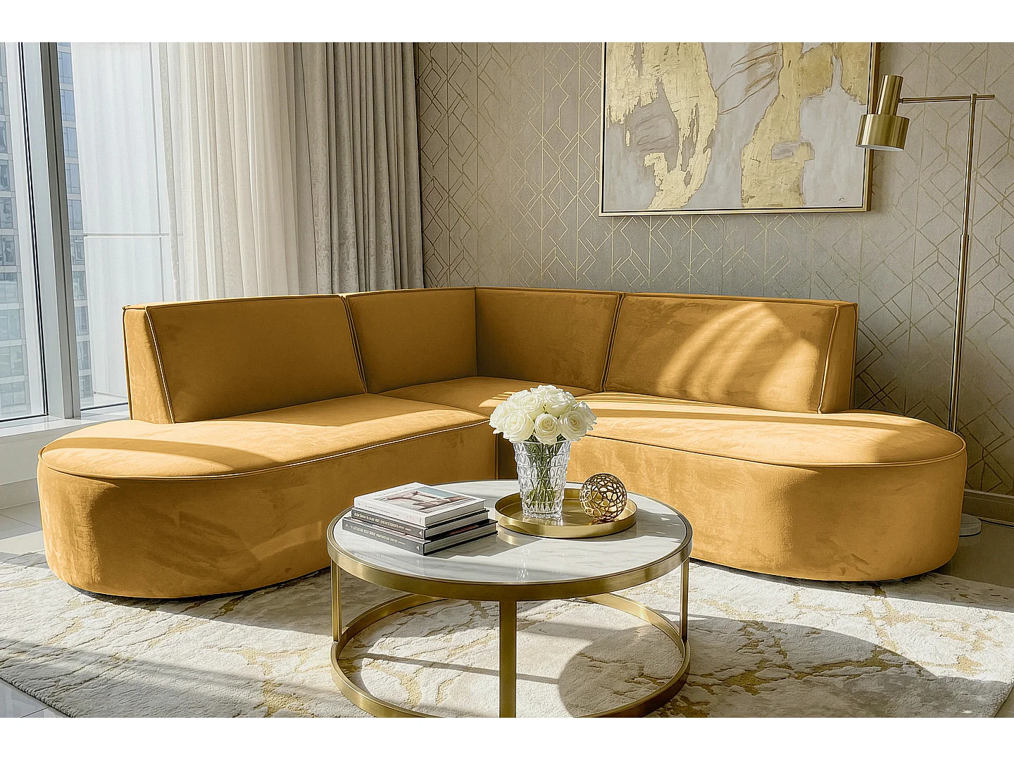 Canapé d'angle Parma Corner mini, pour salon, tissu Tiffany, miel (08)