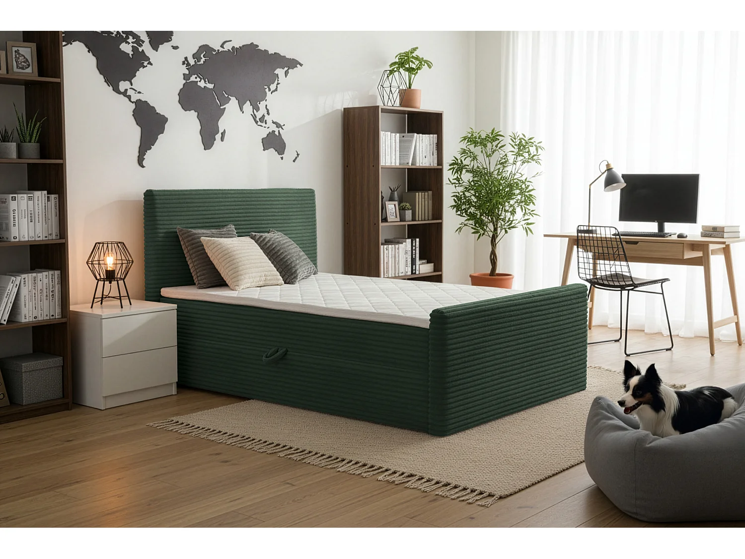 Lit continental Trento 140 avec coffre de rangement, tissu Velo vert (79)