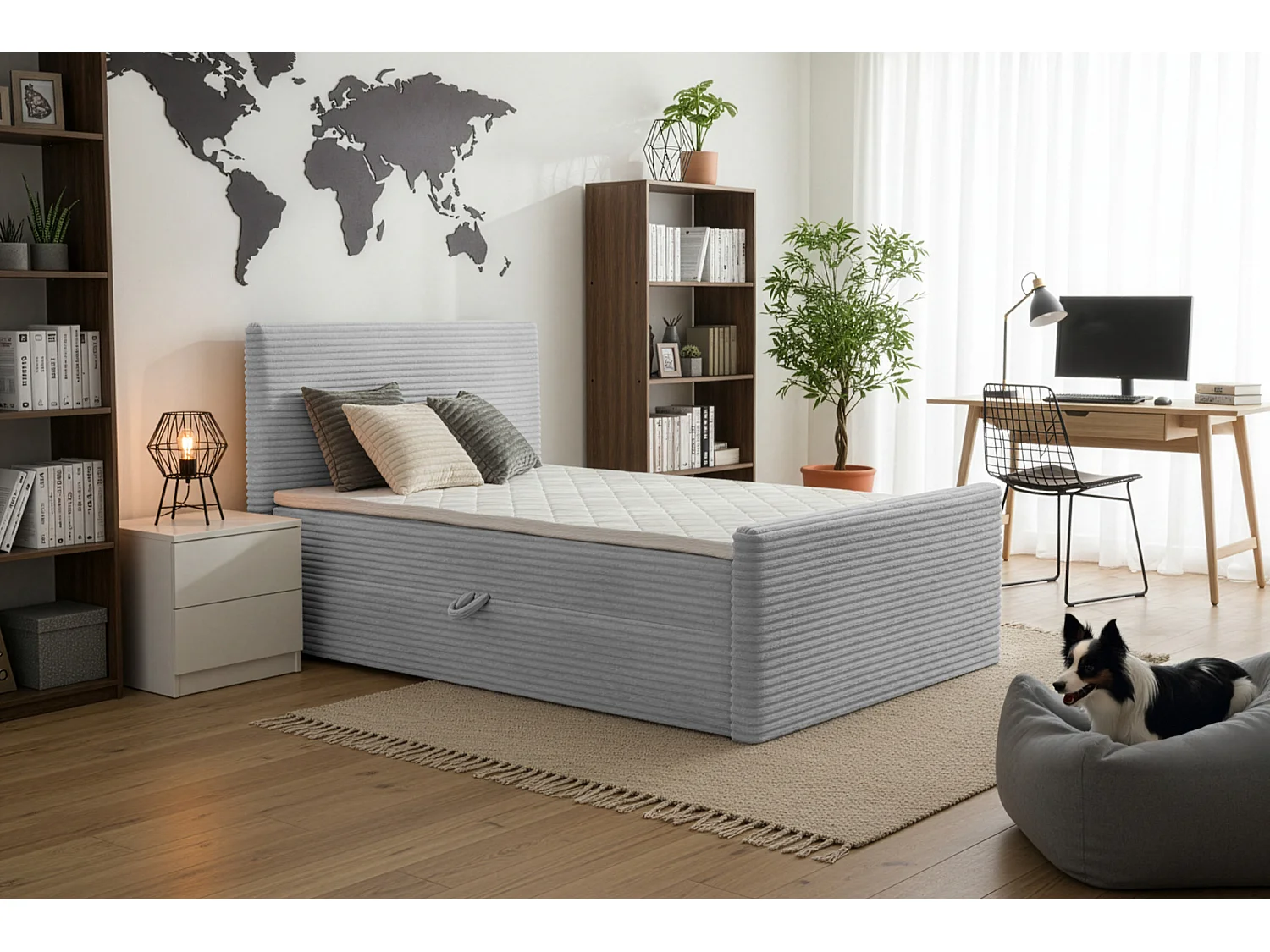 Lit continental Trento 180 avec coffre de rangement, tissu Velo gris clair (08)