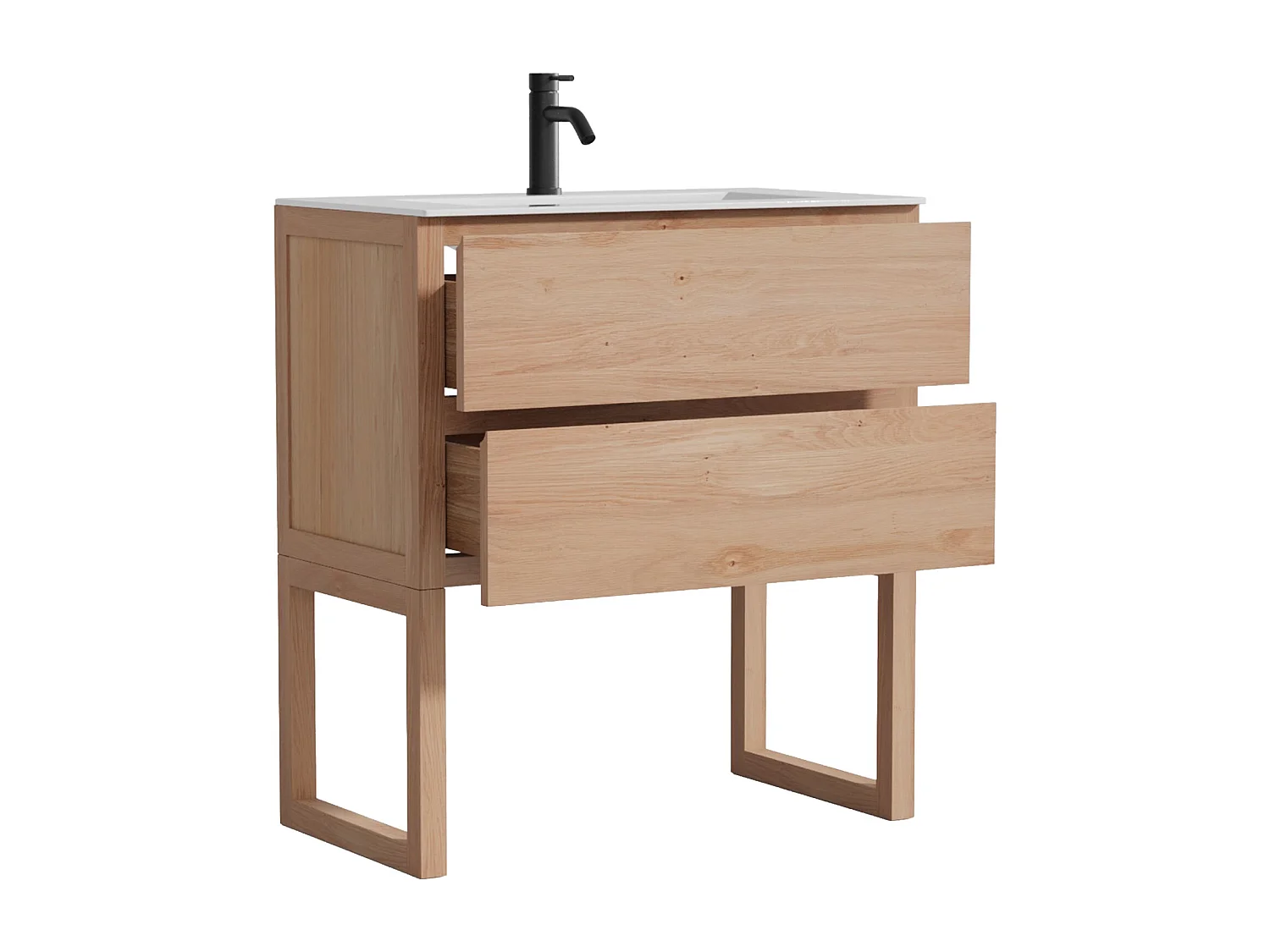 Mueble de baño de roble macizo con lavabo encastrado y grifo - Natural claro - 80 cm - TARELO