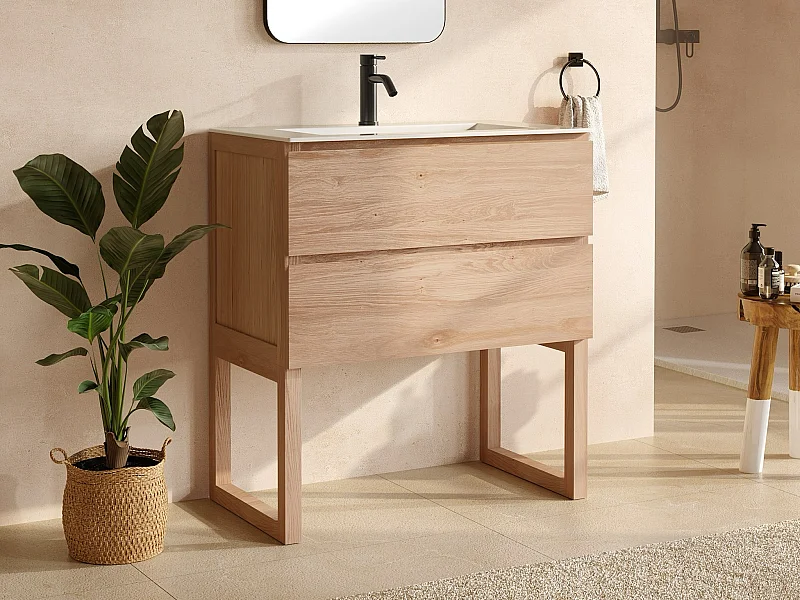 Unterschrank aus Massivholz Eiche mit Einbauwaschbecken und Armatur - Hell Natur - 80 cm - TARELO