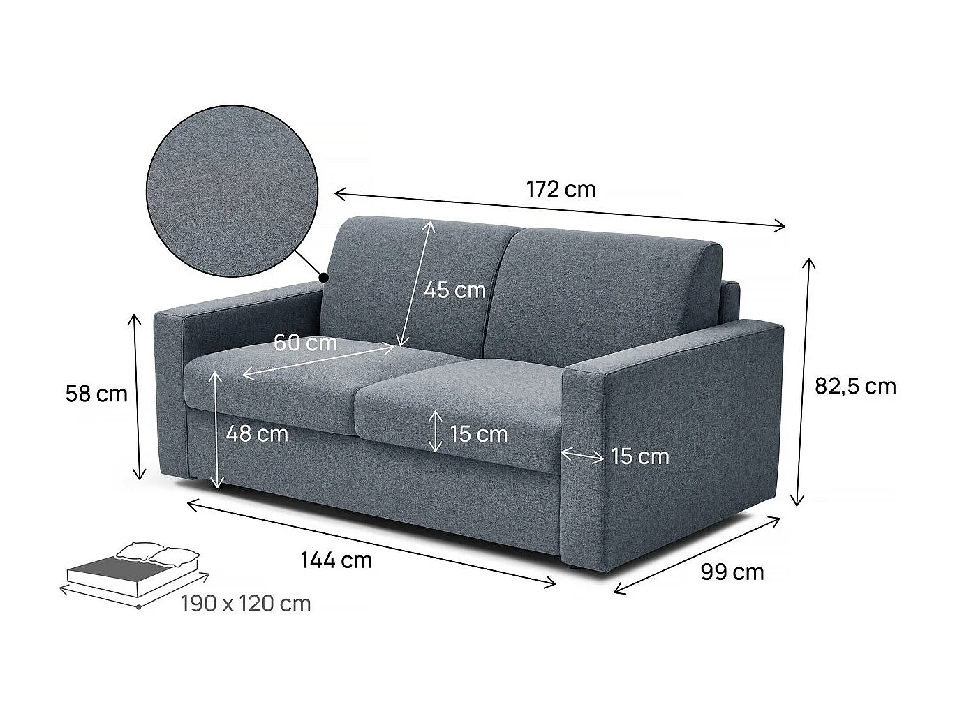 Canapé convertible express en tissu "Diana" - Couchage 120 cm - 2 places - Gris