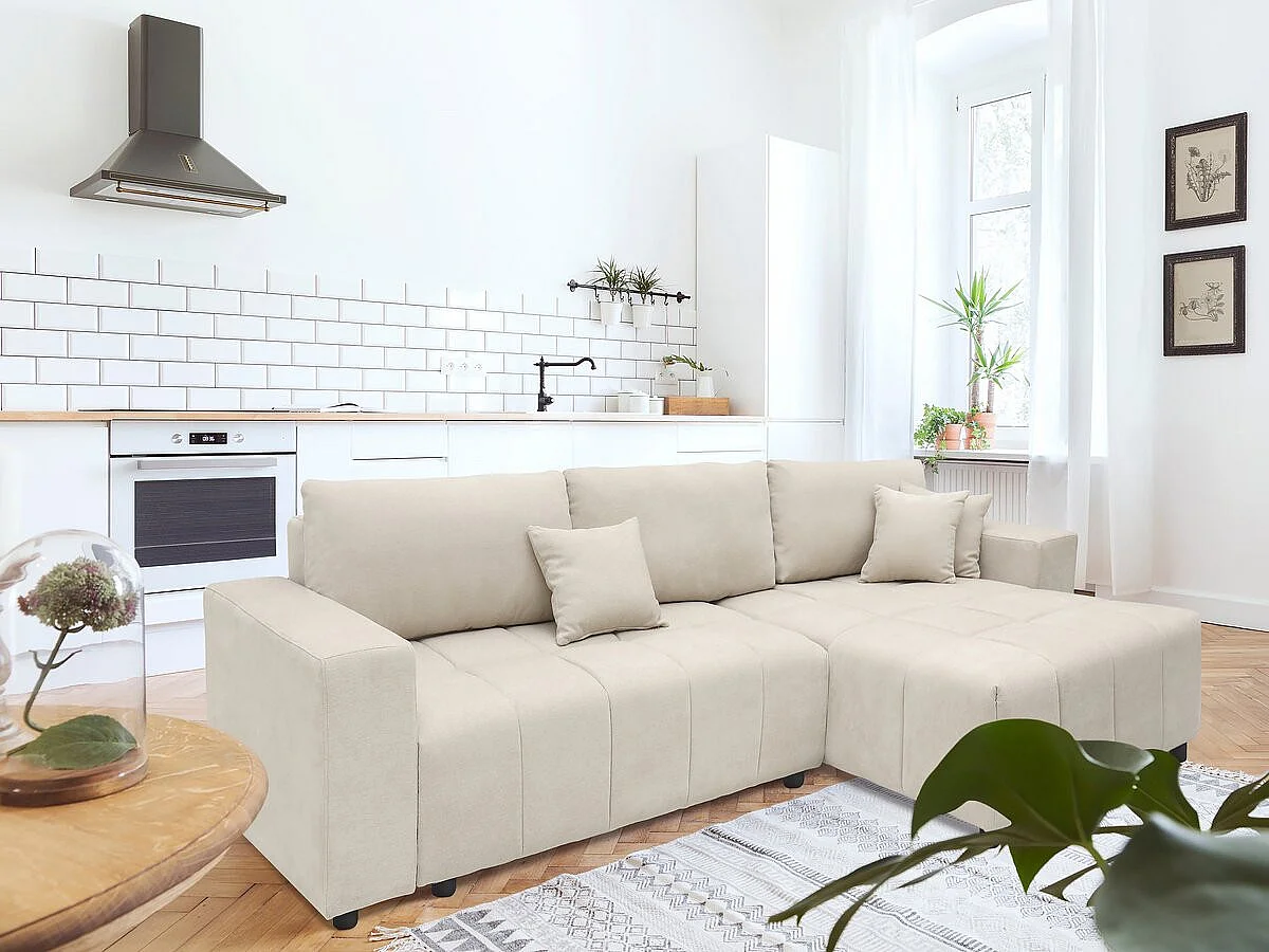 Canapé d'angle convertible style bubble tissu chenille "George" 4 places - Beige