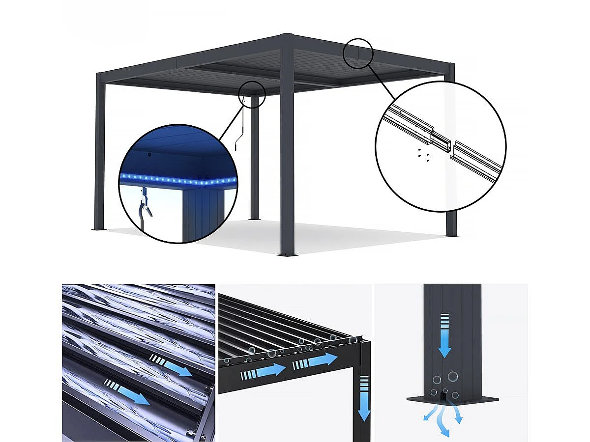 Pérgula bioclimática com LED de alumínio "Windsor" 3 x 3 - Cinza