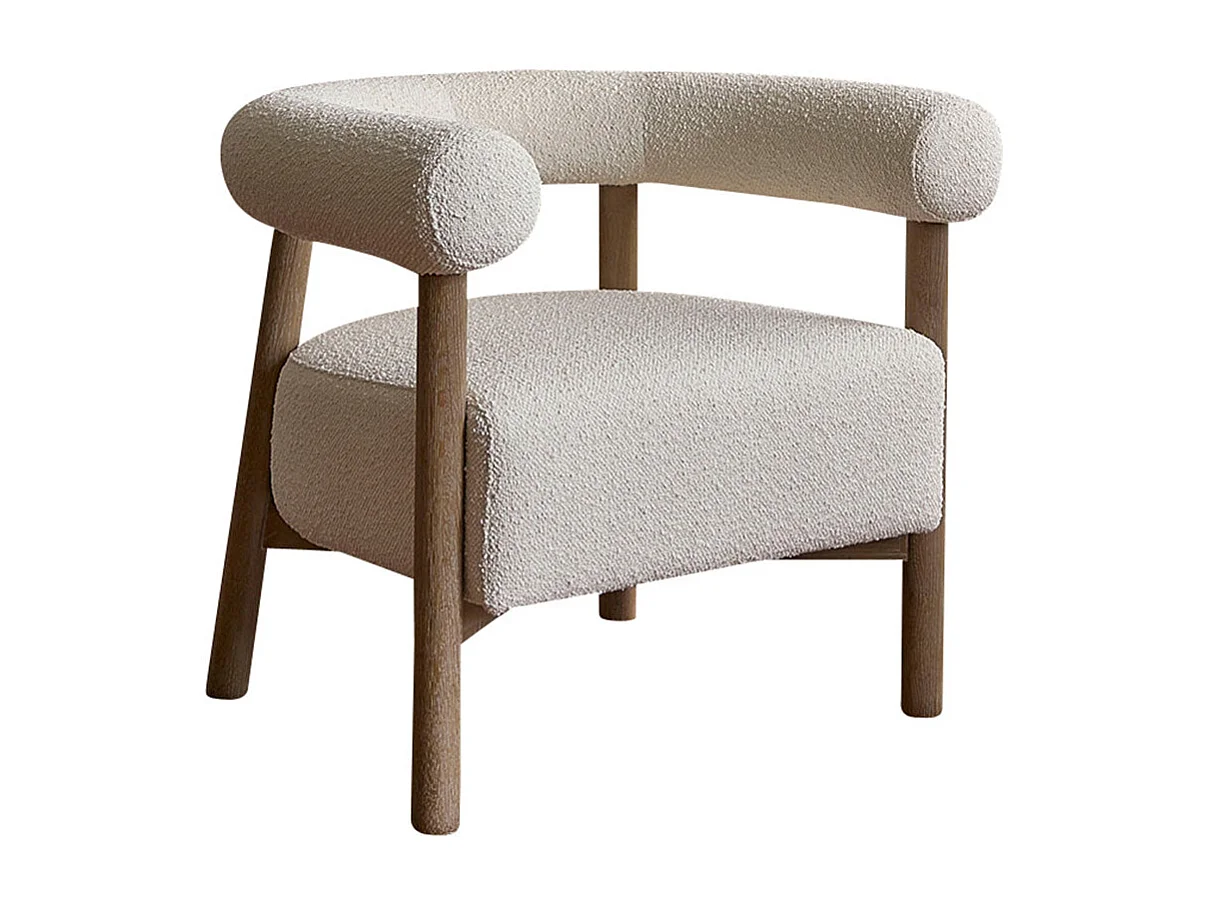 Fauteuil rond en chêne massif et tissu bouclette écrue