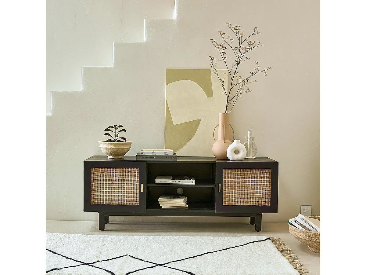 Mobile TV in mango massello nero e vimini 120 cm