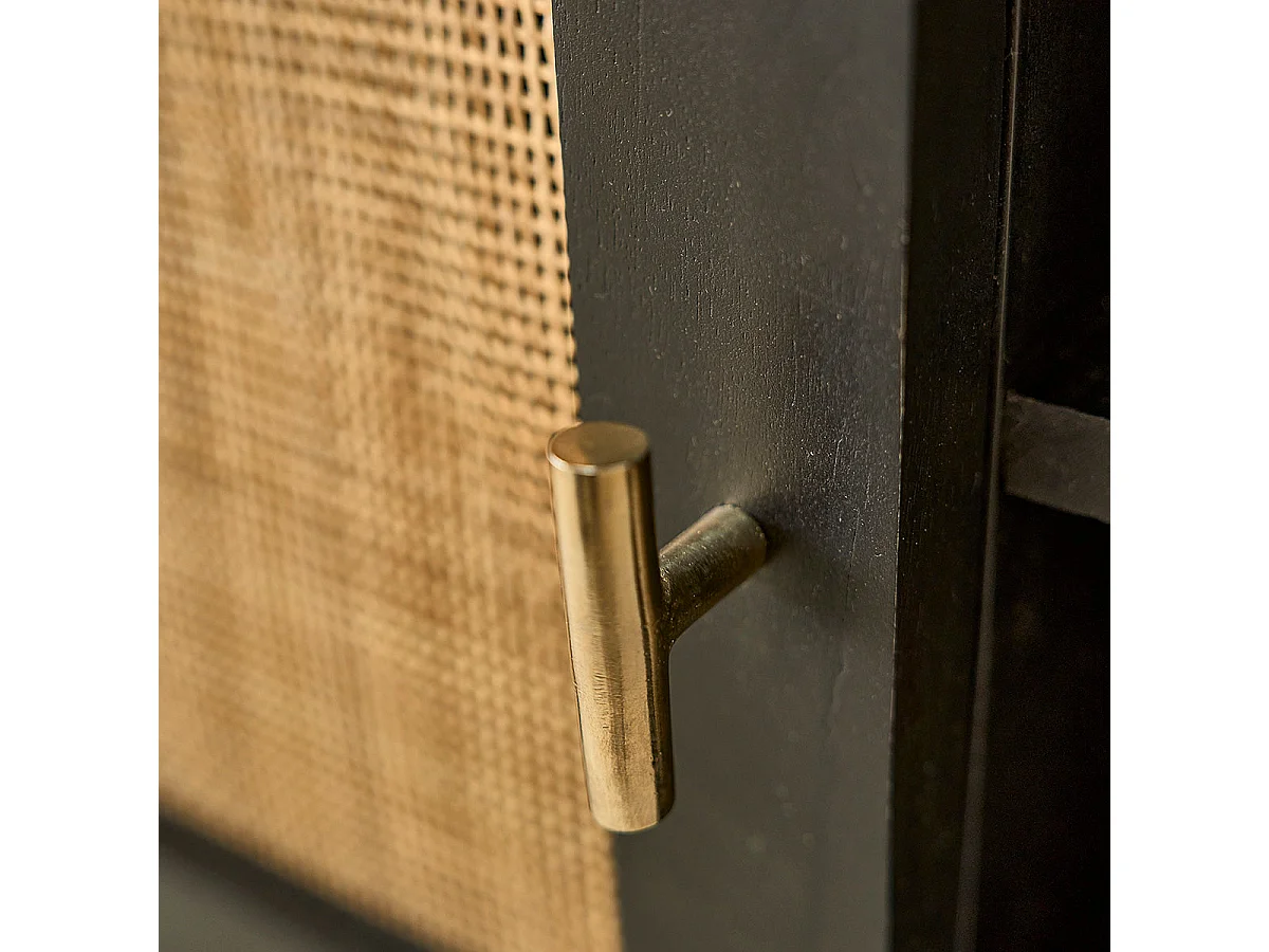 Mobile TV in mango massello nero e vimini 120 cm