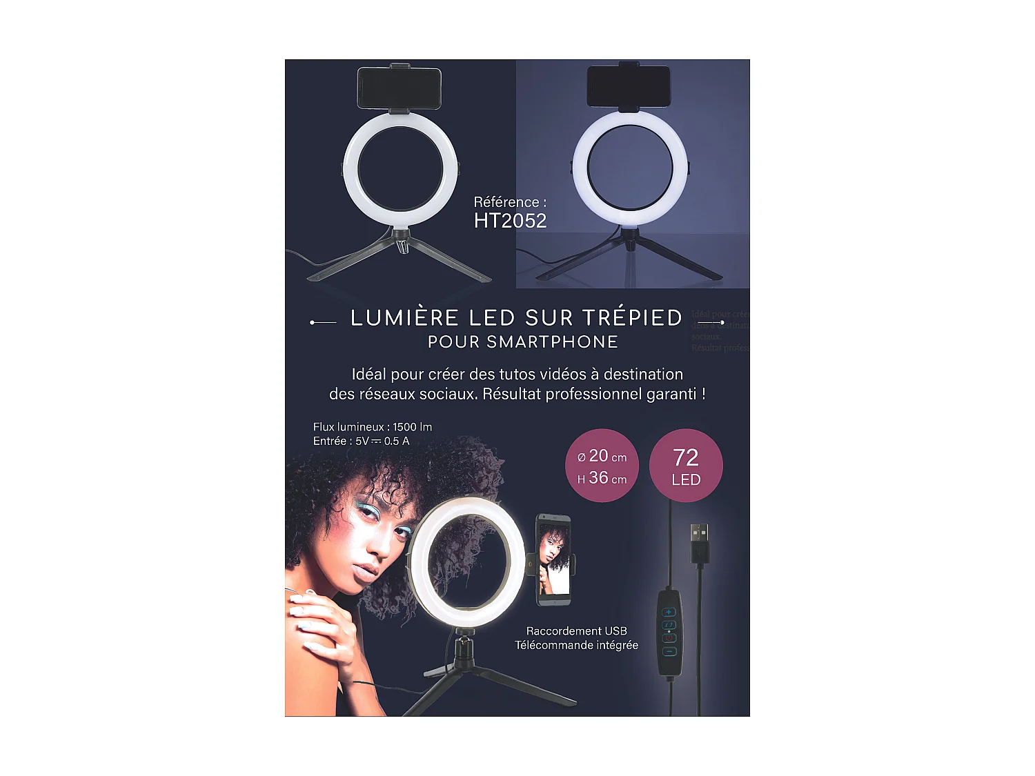 LED-Ring 72 LEDs auf Stativ 39,5 cm für Smartphone - Weißes USB-Licht für Fotos und Videos