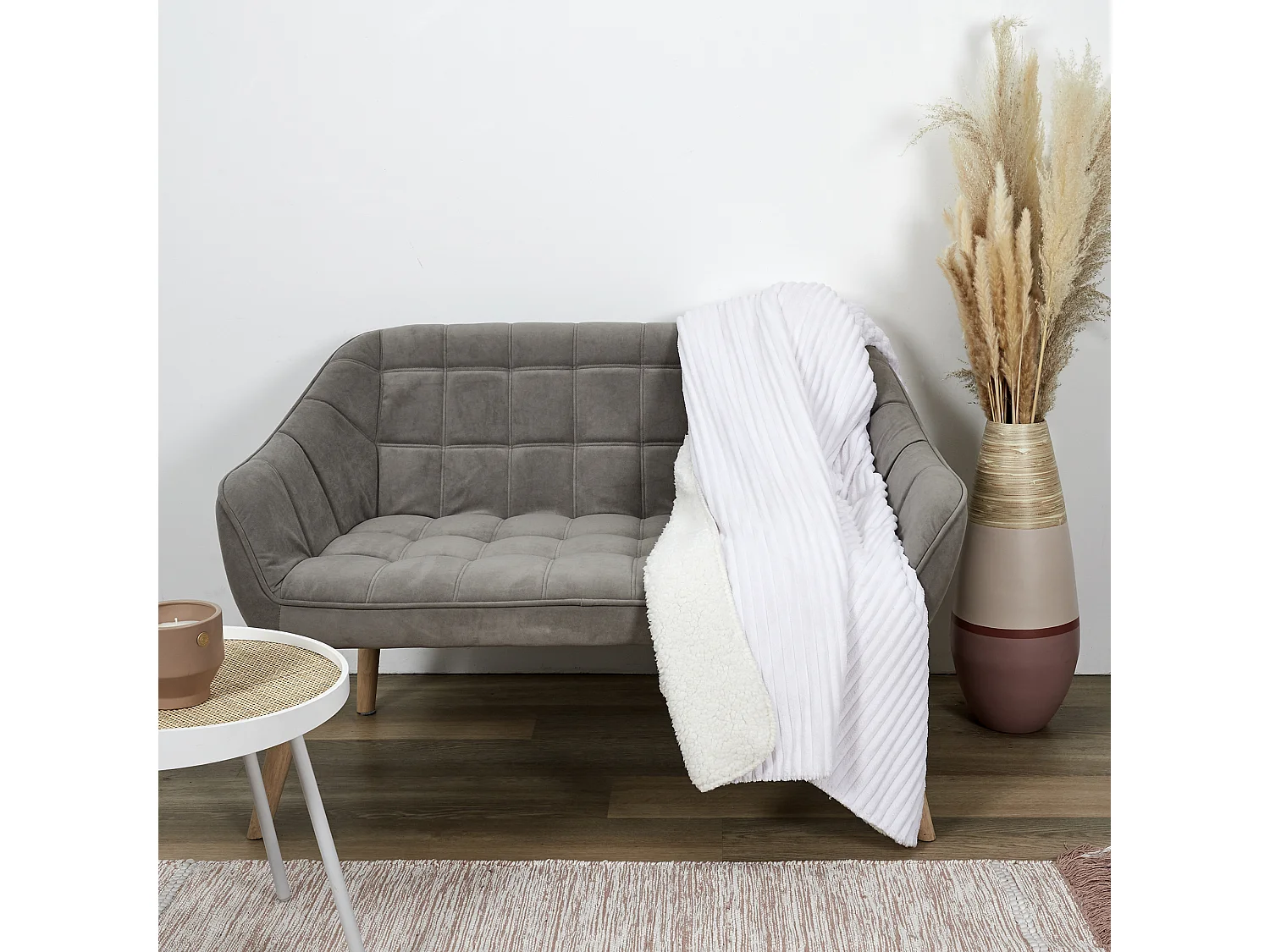 Plaid Flanelle Côtelé "Sherpa" 180x220cm Écru