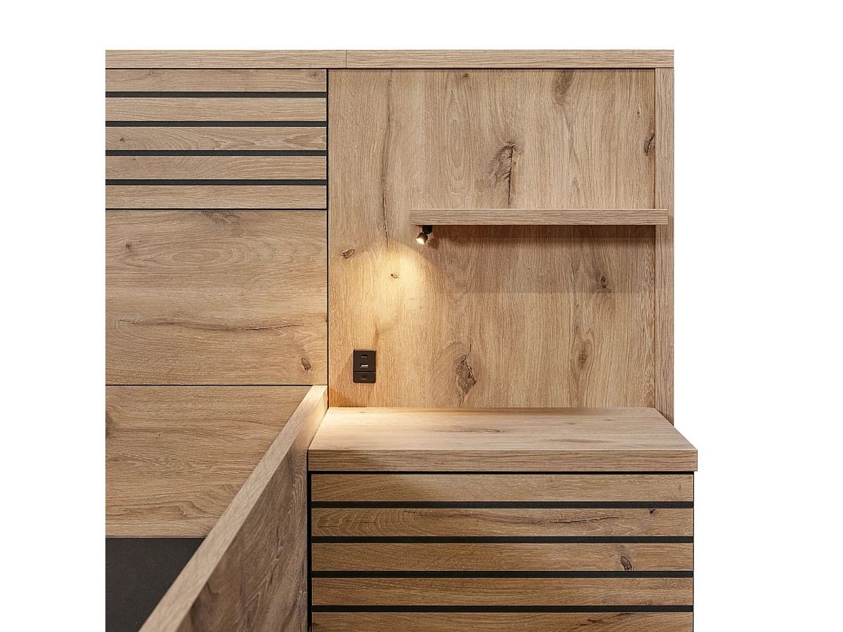 Lit 160x200cm avec tête de lit chevets suspendus et éclairage intégré aspect bois et noir - NIKITA