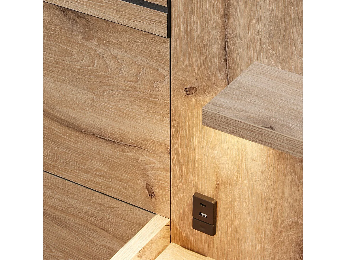 Lit 160x200cm avec tête de lit chevets suspendus et éclairage intégré aspect bois et noir - NIKITA