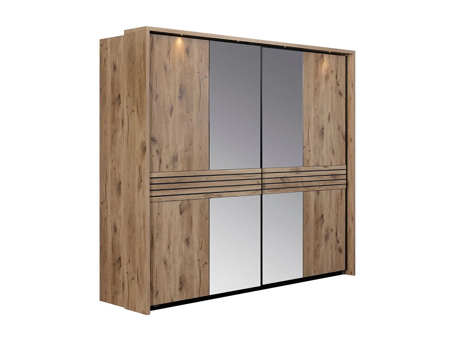 Lit 160x200cm avec tête de lit chevets suspendus et éclairage intégré aspect bois et noir - NIKITA