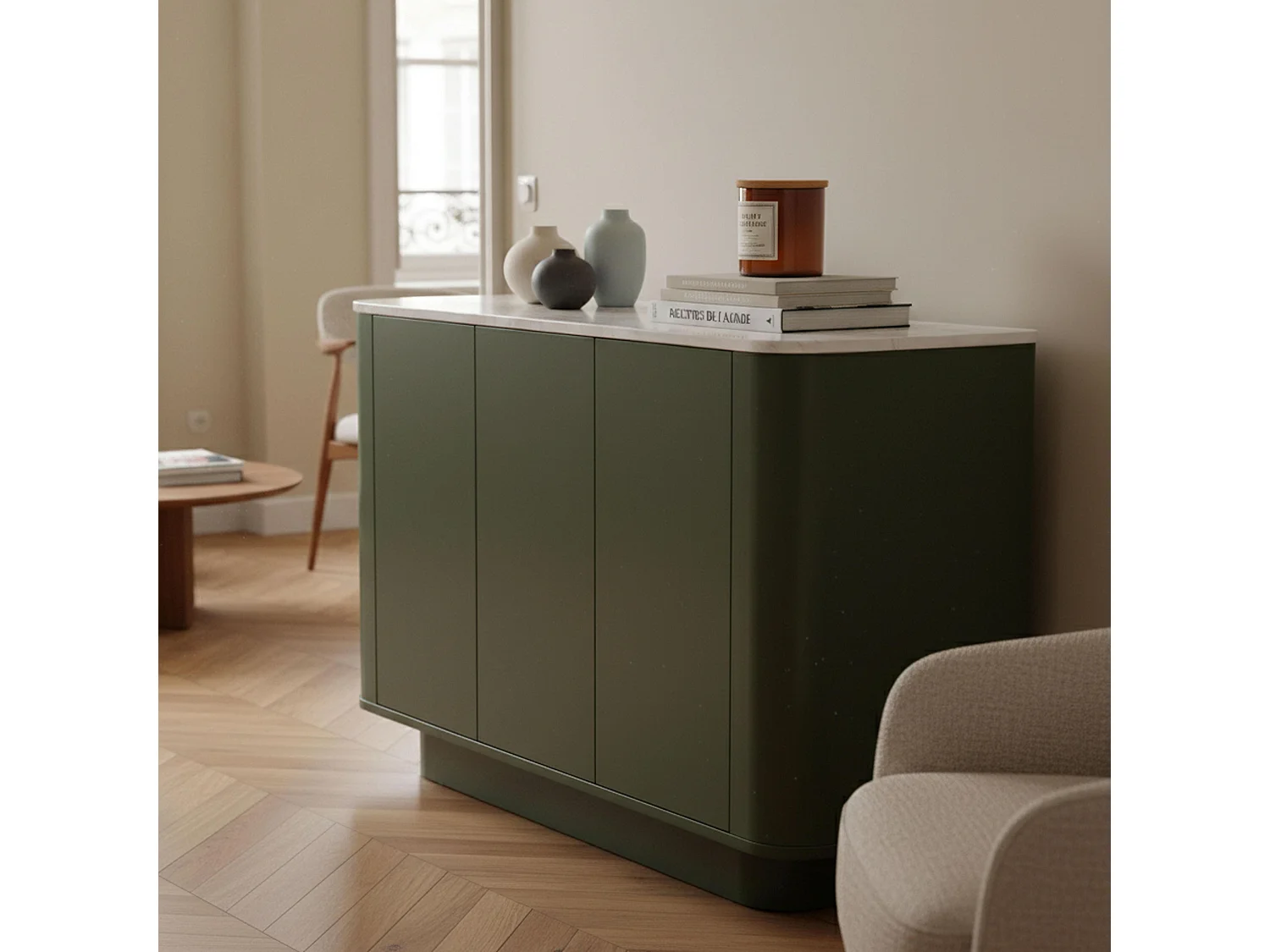Buffet uni 3 portes L 120 cm vert olive