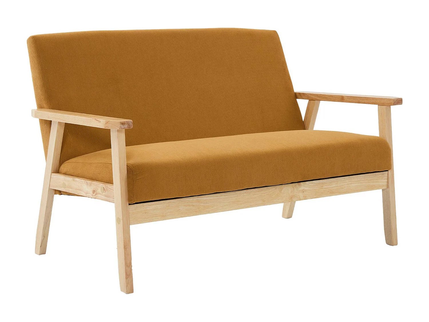 Banquette canapé 2 places en bois et tissu velours côtelé coloris moutarde. Isak. L 114 x P 69.5 x H 73cm