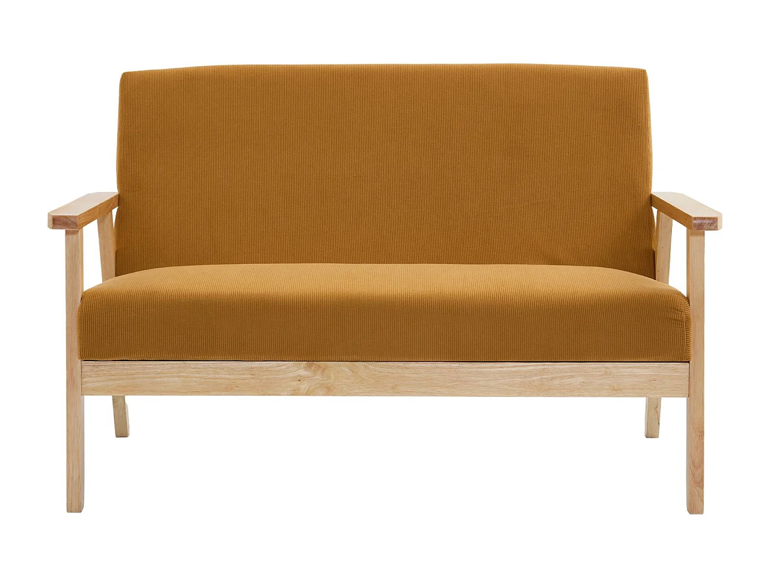 Banquette canapé 2 places en bois et tissu velours côtelé coloris moutarde. Isak. L 114 x P 69.5 x H 73cm